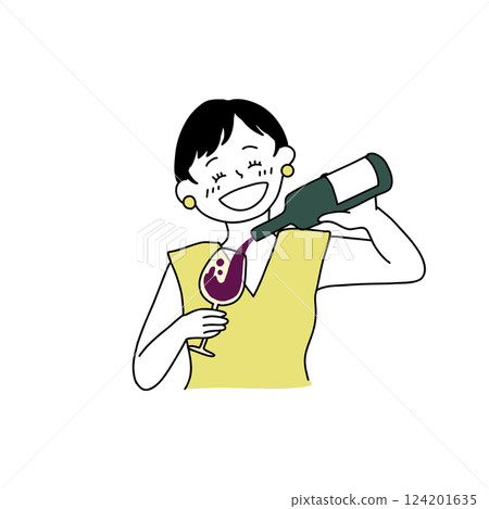 Illustration of a drunk woman pouring wine by hand Illustration of a drunk woman pouring wine by hand 124201635