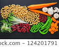 Dark Delicious Vegan Meal Top Down Image Of Fresh, Colorful, Green Vegetarian Feast With Chickpeas, Carrots, And Peas On Matte Surface 124201791