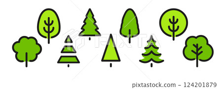 Tree icons, simple geometric trees, simple outlines forest for eco design, environmental projects, parks, nature-related branding. Clean and minimalist design. Vector illustration. 124201879