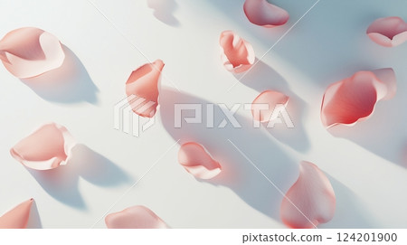 delicate pink rose petals floating gracefully against pure white 124201900