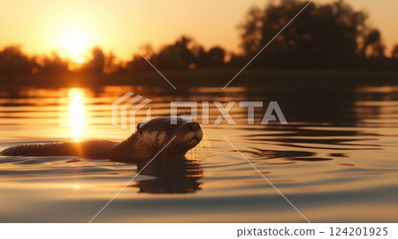 Golden Sunset Otter Swimming Calm Water 124201925