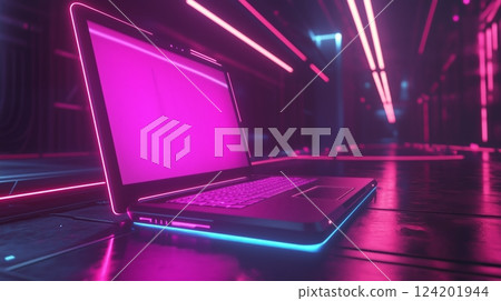 Neon Laptop in a Futuristic Setting 124201944