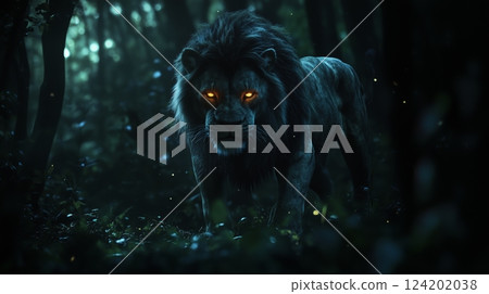 A majestic lion with glowing eyes stands in a dark, mystical forest setting 124202038