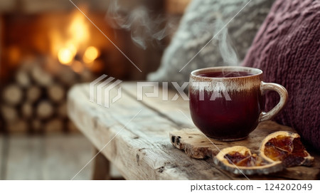 A steaming mug of mulled wine on a rustic bench 124202049