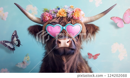whimsical portrait of highland cow 124202088