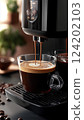 close up of Automatic coffee machine pouring espresso 124202103