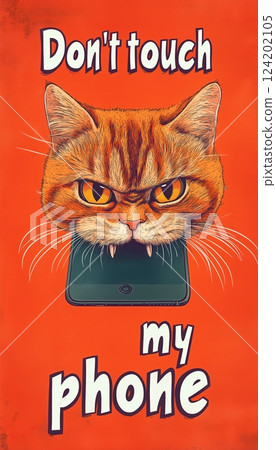 "Don't touch my phone" in bold, blocky letters with an angry cat face hissing above it, isolated on an orange background "Don't touch my phone" in bold, blocky letters with an angry cat face hissing above it, isolated on an orange background 124202105