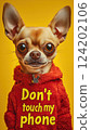 "Don't touch my phone" in bold capital letters, with a tiny but furious chihuahua barking aggressively below it, isolated on a yellow background 124202106