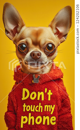 "Don't touch my phone" in bold capital letters, with a tiny but furious chihuahua barking aggressively below it, isolated on a yellow background "Don't touch my phone" in bold capital letters, with a tiny but furious chihuahua barking aggressively below it, isolated on a yellow background 124202106