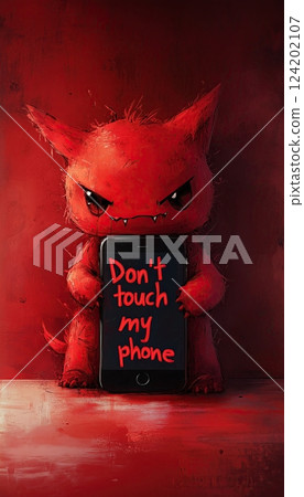 "Don't touch my phone" scratched into the surface, with a small but furious red monster growling next to it, isolated on a deep red background "Don't touch my phone" scratched into the surface, with a small but furious red monster growling next to it, isolated on a deep red background 124202107