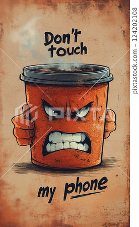 "Don't touch my phone" with a furious, steaming coffee cup with an angry face, arms crossed, isolated on a brown background 124202108