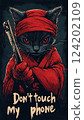 "Don't touch my phone" written like a warning sign, with an angry ninja cat holding nunchucks, isolated on a dark gray background 124202109
