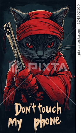 "Don't touch my phone" written like a warning sign, with an angry ninja cat holding nunchucks, isolated on a dark gray background 124202109