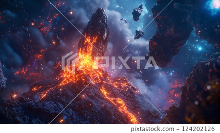 An alien volcano erupting with glowing lava and radiant smoke 124202126