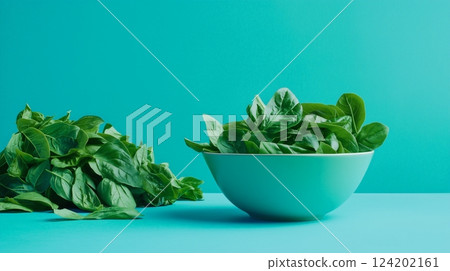 A bowl filled with green leaves sits atop a blue counter 124202161