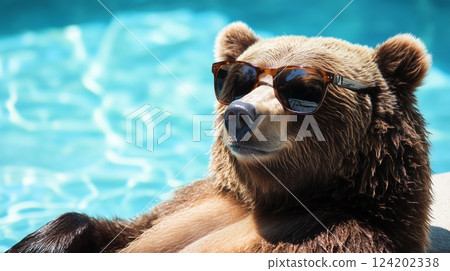 A brown bear wearing sunglasses relaxes by a pool 124202338