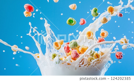 Colorful cereal splashes milk in a vibrant blue backdrop 124202385