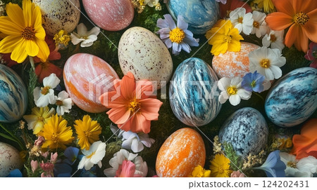 Marble, eggs, blooms: an Easter scene of vibrant color 124202431