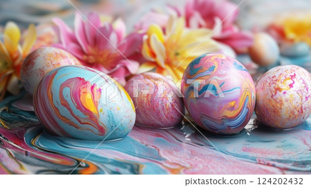 Marble, eggs, blooms: an Easter scene of vibrant color 124202432