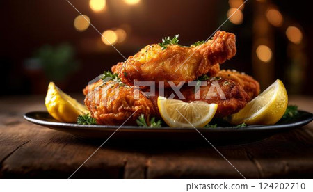 Crispy and juicy fried chicken with lemon 124202710