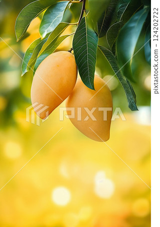 Close-up of yellow mango tree branch with two mangoes against golden glow background. Bokeh effect 124202722