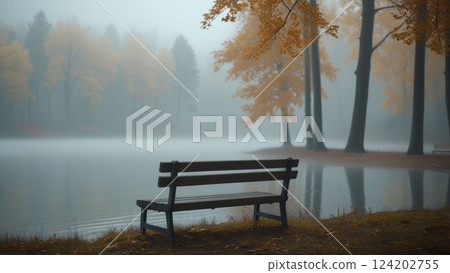 Bench by a Foggy Lake Among Autumn Trees 124202755