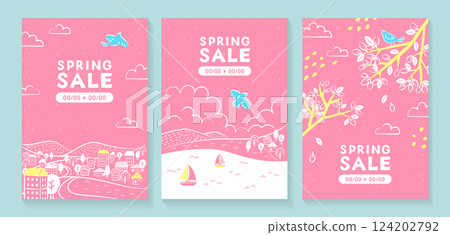 Hand-drawn illustration template set_townscape, sea and branches_2 124202792