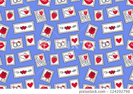 Playful and romantic pattern with postage stamps with various love icons. Doodle style 124202798