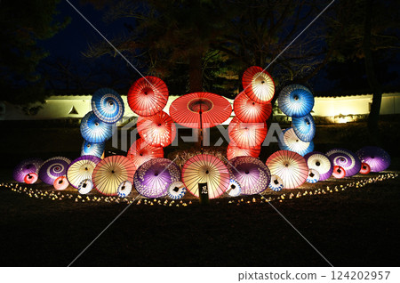 Colorful illuminated Japanese umbrellas Colorful illuminated Japanese umbrellas 124202957
