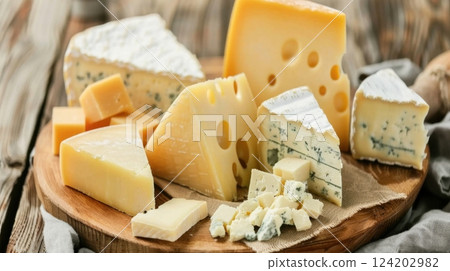 Group of various cheeses including gruyere, provolone, parmigiano-reggiano, cheddar, and more 124202982
