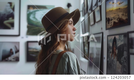 Woman standing near a picture 124203057