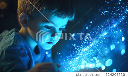 A kid boy learns online using futuristic technology. The concept of the integration of advanced digital tools in education, and learning experiences for the future generation. Generative AI. 124203330