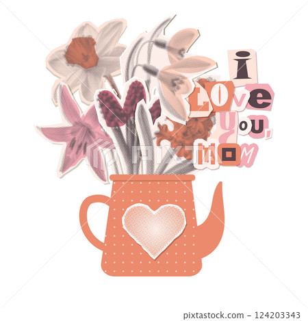 Mothers Day Halftone paper torn out collage flower elements in watering can. Spring bouquet flowers. Trendy vintage greeting sticker vector design 124203343