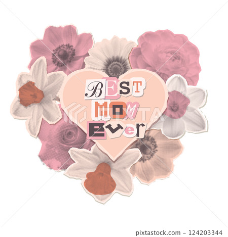 Mother's Day card with words - best mom ever. Trendy banner, poster, label with heart shaped flowers frame, abstract floral pop art in dotted halftone collage style. Spring summer paper vector cutouts Mother's Day card with words - best mom ever. Trendy banner, poster, label with heart shaped flowers frame, abstract floral pop art in dotted halftone collage style. Spring summer paper vector cutouts 124203344