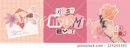 Set of square cards for Mothers Day in retro dotted Halftone style. Vintage paper torn out collage elements. Creative Hand with rode, flowers in Envelope, cutout words. Vector illustration collection 124203345