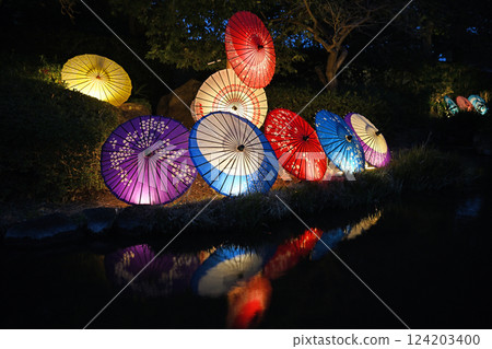 Colorful Japanese umbrellas floating on the water Colorful Japanese umbrellas floating on the water 124203400