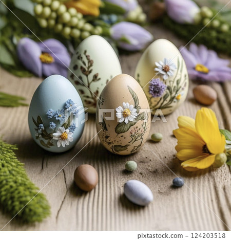 Easter eggs painted with natural herbs and flowers. For banners, card 124203518