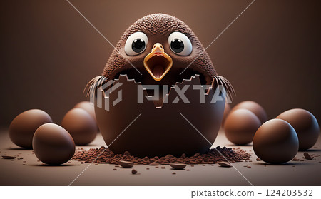 A chick hatching from a giant chocolate egg looking surprised. Holiday concept. 124203532