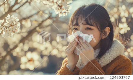 A woman suffering from hay fever and cherry blossoms in spring 124203767