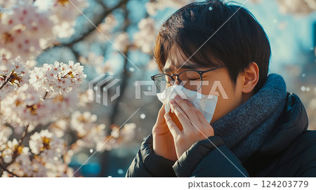 A man with glasses suffering from hay fever and falling cherry blossoms 124203779