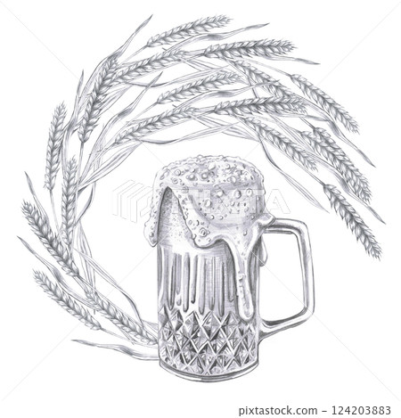 Curved ears of barley with a large beer mug. Isolated pencil illustration in a realistic style for interior design of pubs, restaurants, cookbooks, menus 124203883