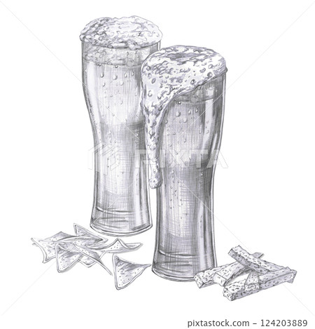 Two beer glasses with chips and crackers. Isolated pencil illustration of snack in realistic style for restaurant menu design, beer festival, packaging, bar interior Two beer glasses with chips and crackers. Isolated pencil illustration of snack in realistic style for restaurant menu design, beer festival, packaging, bar interior 124203889