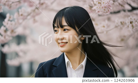 盛開的櫻花下，新進員工的長髮隨風飄揚。 124203906