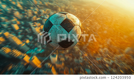 Soaring Soccer Ball Over Cityscape Soaring Soccer Ball Over Cityscape 124203950