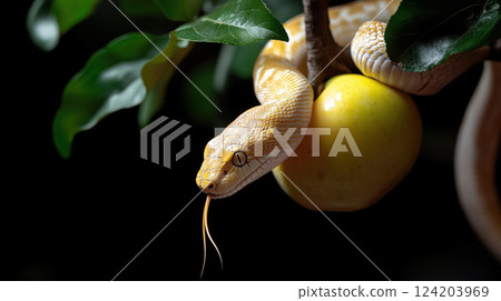 golden snake coiled on tree branch with yellow apple, surrounded by green leaves golden snake coiled on tree branch with yellow apple, surrounded by green leaves 124203969