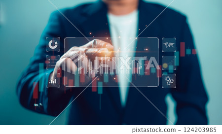 Economic and business growth chart analysis, Business data analysis, Business development leading to success, Market and strategic planning, Businessman using laptop performance indicator dashboard. Economic and business growth chart analysis, Business data analysis, Business development leading to success, Market and strategic planning, Businessman using laptop performance indicator dashboard. 124203985