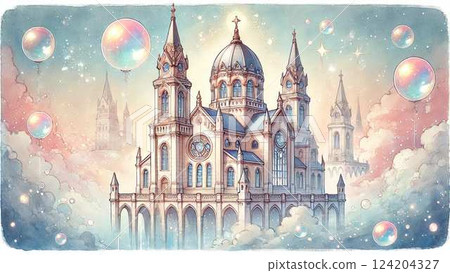 A fairytale watercolor illustration of a floating church and soap bubbles 124204327