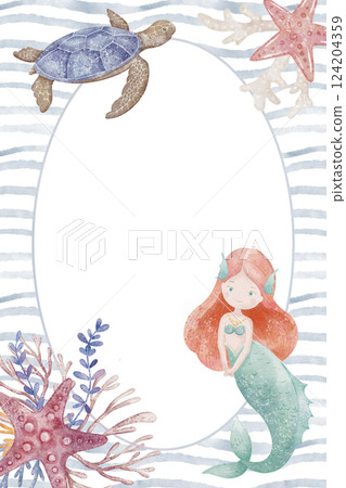 Watercolor Template with Mermaid, turtle, coral, and marine elements. Illustration of Frame for baby invitations, greeting cards, or childish backgrounds. Cute ocean themed frame for kids. 124204359