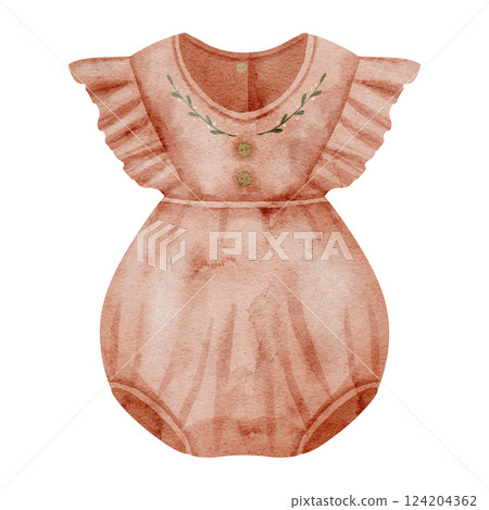 Watercolor illustration of a pink or red Baby Bodysuit with ruffled sleeves and embroidered details for little girl. Drawing of childish Romper for newborn party invitations or childish greeting cards 124204362