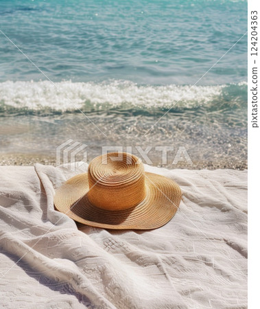 Straw Hat Resting on White Towel by the Ocean Shore 124204363